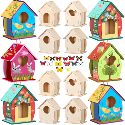Outus 24 Pcs Wooden Birdhouse Craft Kits for Kids to Build, 4 Shapes Bird House Kit Wooden Unfinished with Watercolor Pen and Butterfly Sticker for