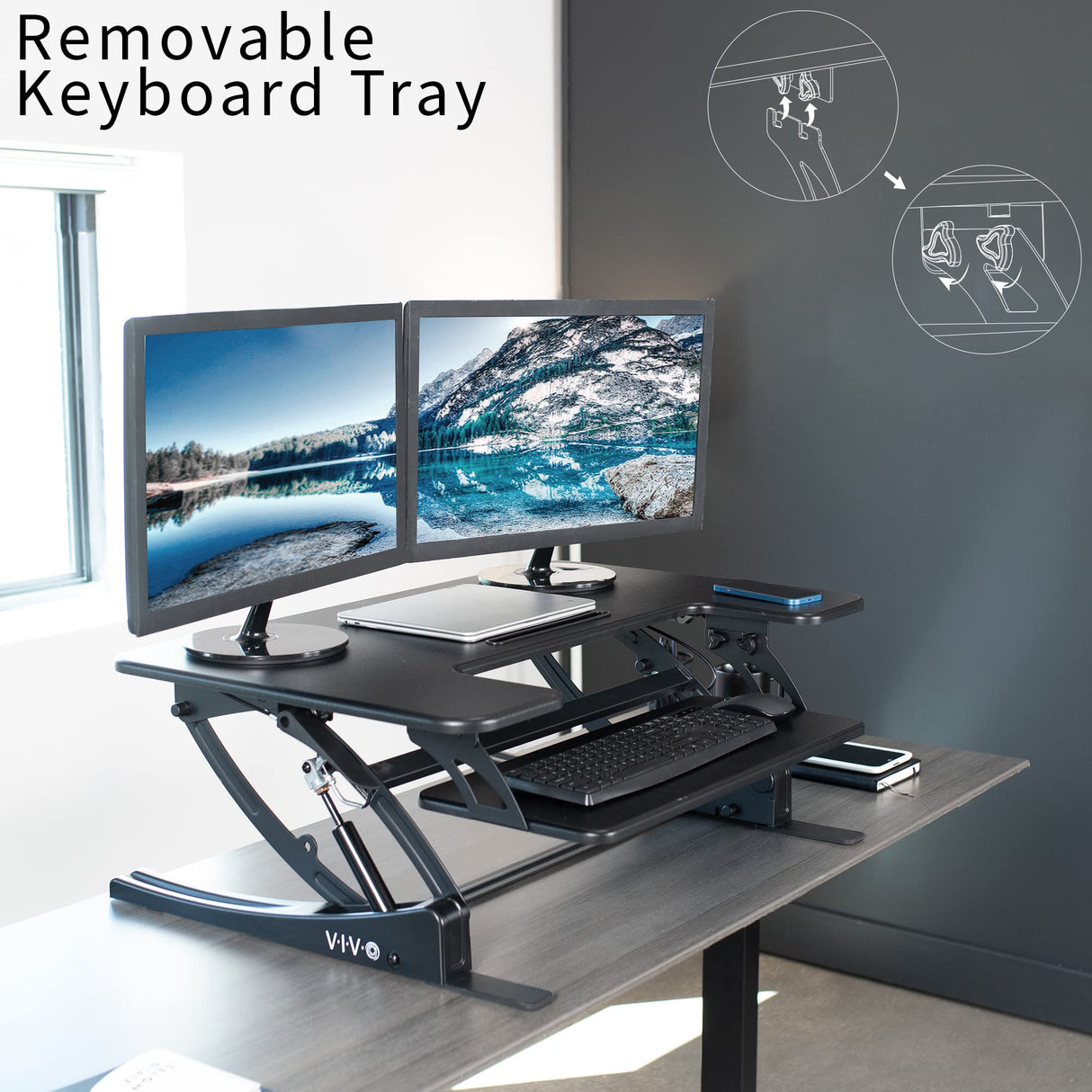 VIVO 36 inch Height Adjustable Stand Up Desk Converter, V Series, Quick Sit to Stand Tabletop Dual Monitor Riser Workstation, Black, DESK-V000V VIVO