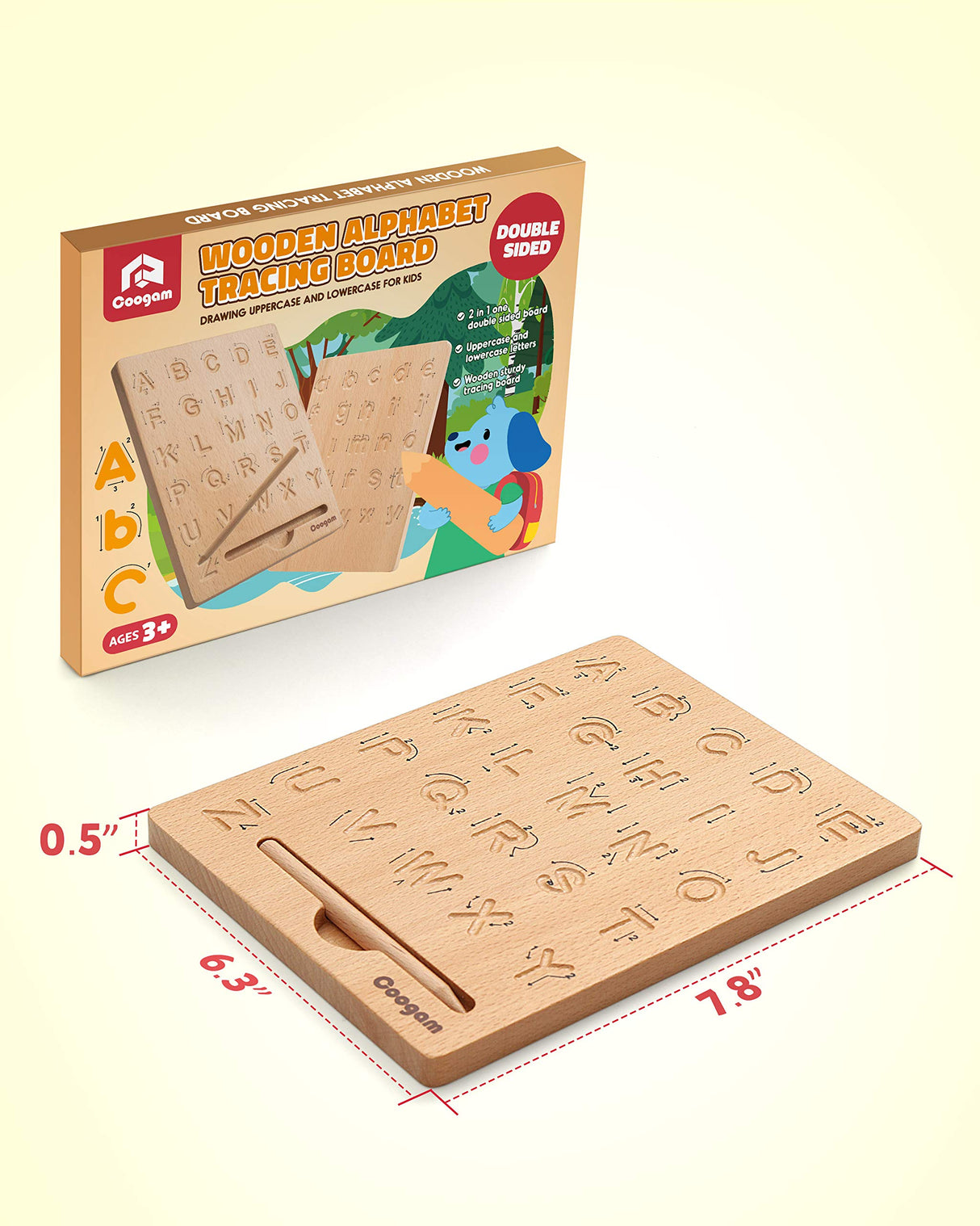 Coogam Wooden Letters Practicing Board, Double-Sided Alphabet Tracing Tool Learning to Write ABC Educational Toy Game Fine Motor Montessori Gift for Coogam