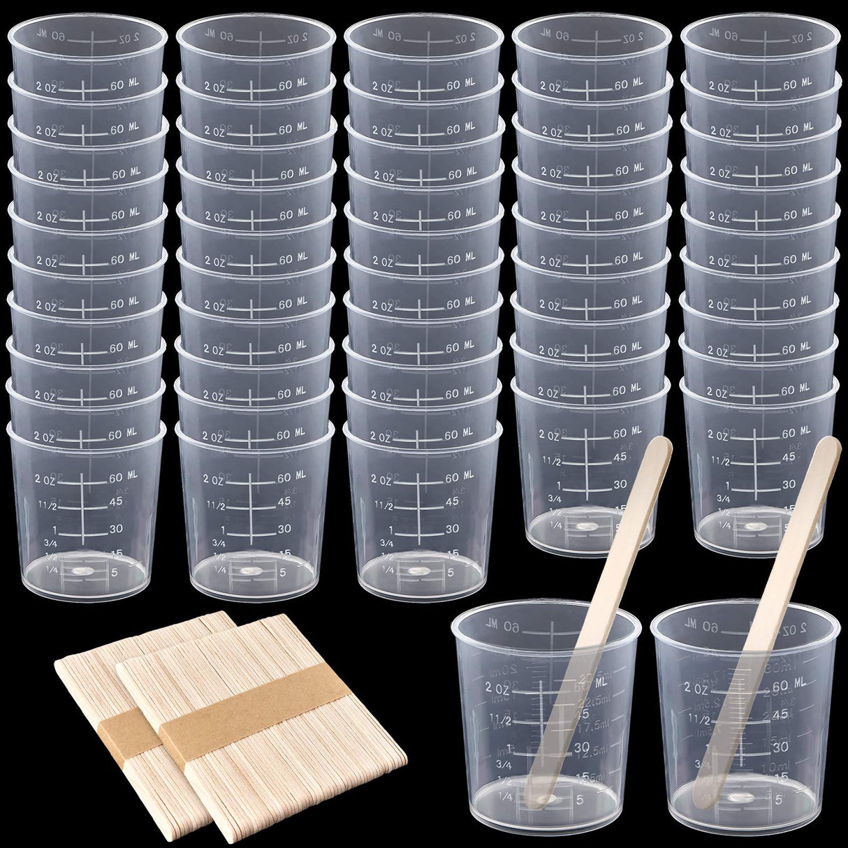 Coopay 50 Pack 60ml/2oz Plastic Graduated Cups Transparent Scale Cups Clear Epoxy Mixing Cups with 100 Pack Wooden Stirring Sticks for Resin, Epoxy, Coopay