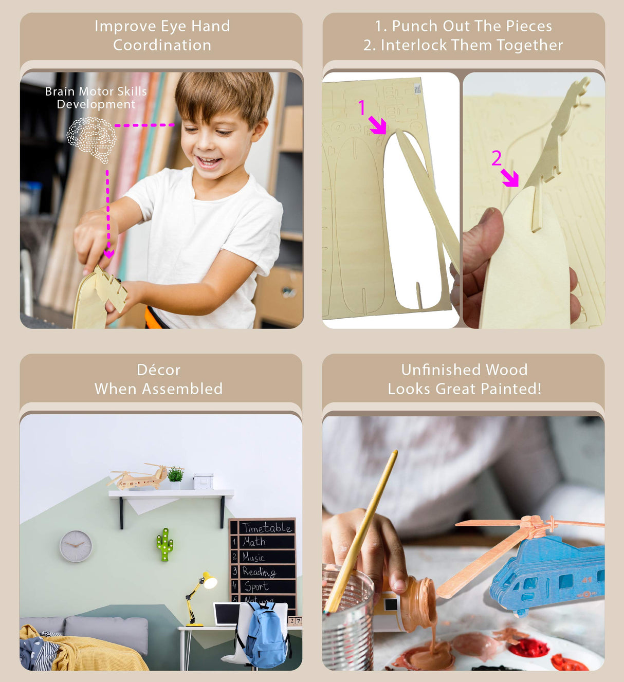 Puzzled 3D Puzzle Sea Knight Helicopter Wood Craft Construction Model Kit, Fun & Educational DIY Wooden Toy Assemble Model Unfinished Crafting Hobby Puzzled