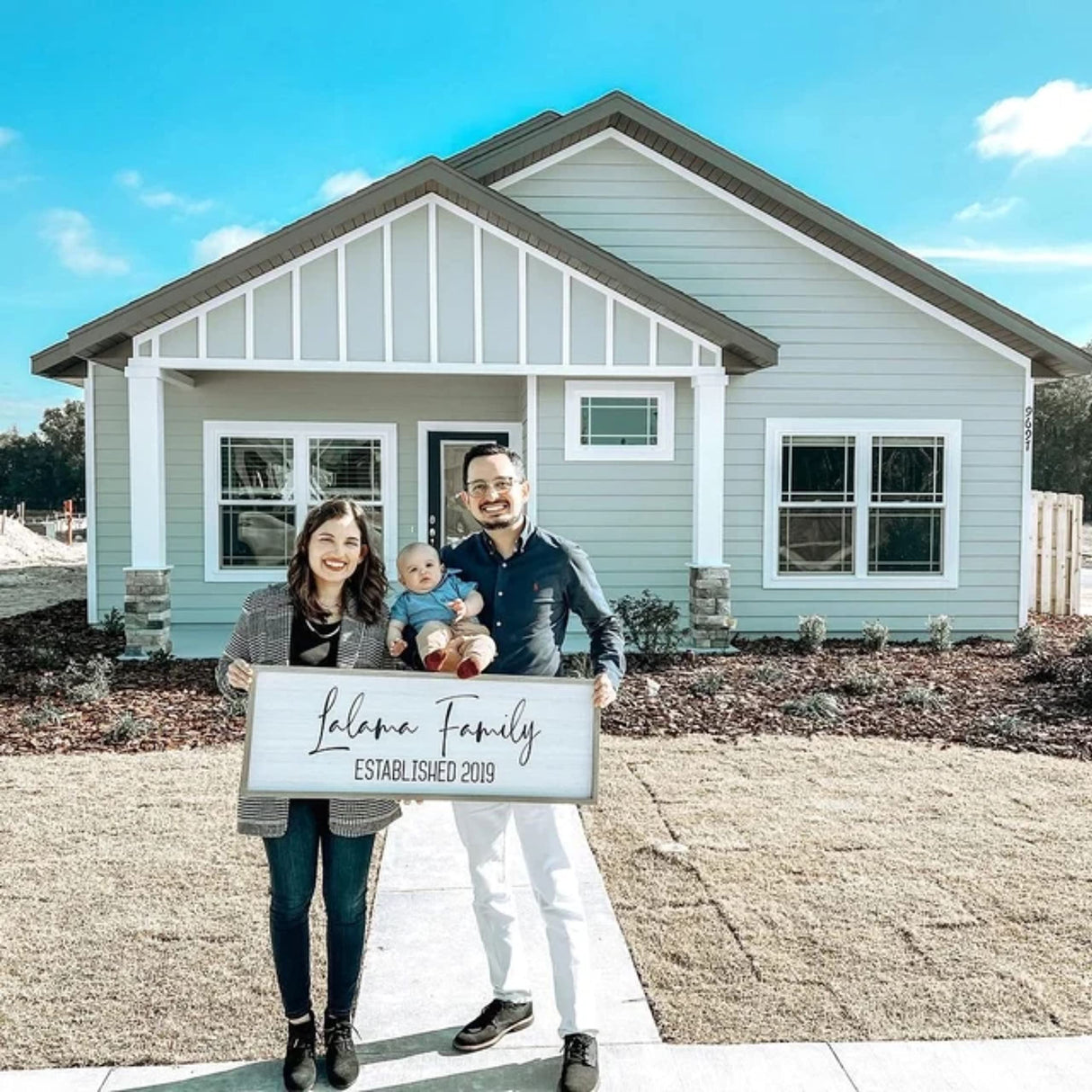 Personalized Framed Wooden Family Name Sign (6" x 18", Weathered Grey Frame, White Background) MRC Wood Products