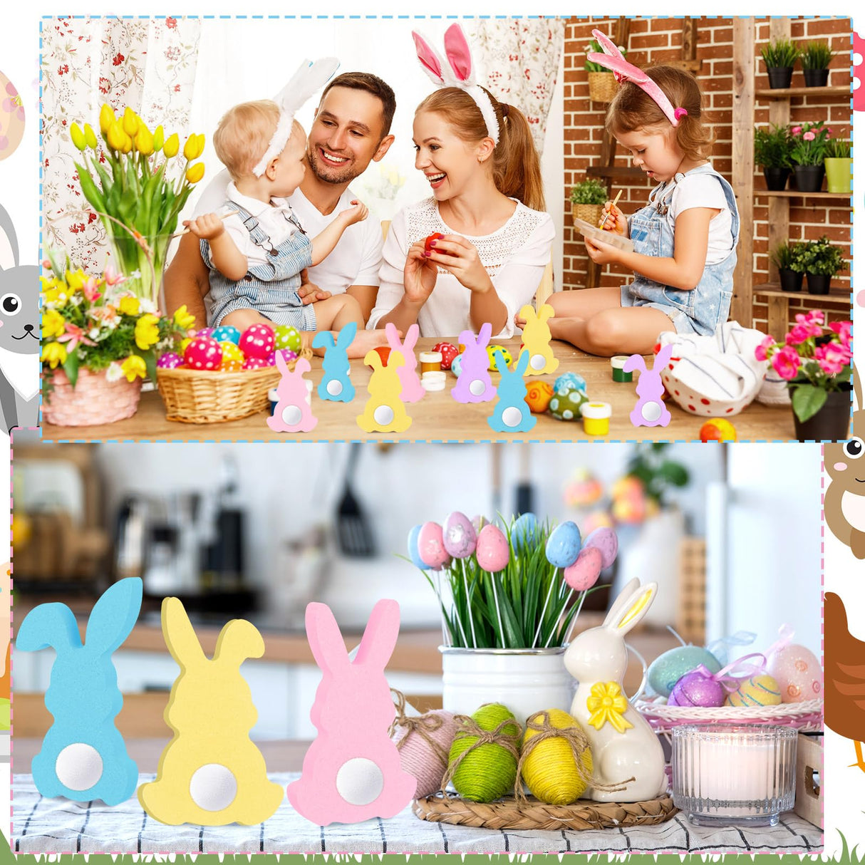 Menkxi 22 Pcs Easter Unfinished Wood Bunny Cutouts Bunny Table Wooden Signs Rabbit Blank Wooden Bunnies for Crafts with 22 White Felt Balls Pom Pom Menkxi