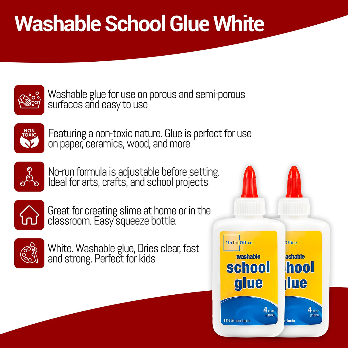 1InTheOffice White Glue Bottles, Washable School Glue White, No-Run 4 oz. 4/Pack 1InTheOffice