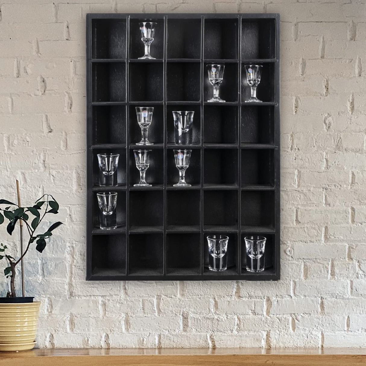 GSM Brands Shot Glass Display Case, Black Wood, Holds Set of 30 Glasses (16.7 x 12.2 - Each Opening Measures 2.52 x 2.13) GSM Brands
