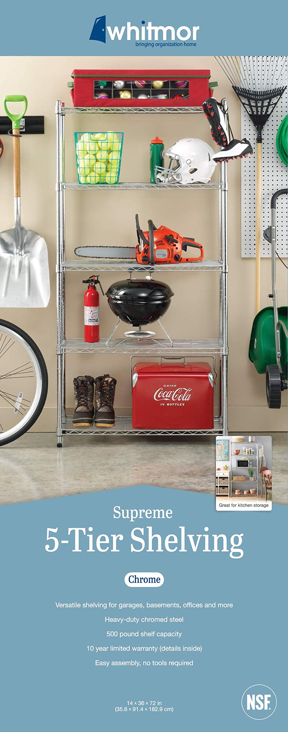 Whitmor Supreme 5 Tier Shelving with Adjustable Shelves and Leveling Feet - 350 lb. Capacity per Shelf - Chrome Whitmor