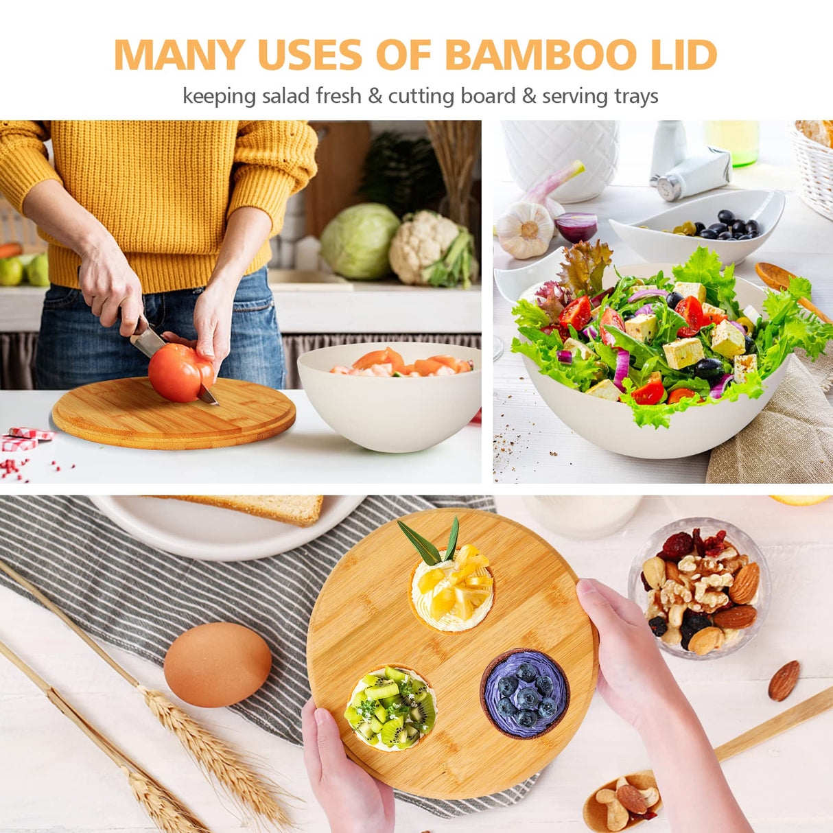 ShineMe Salad Bowl with Lid, Natural Bamboo Fiber Serving Bowls Set of 3 with Utensils & Lids, Mixing Bowls for Preparing, Storing and Serving for ShineMe