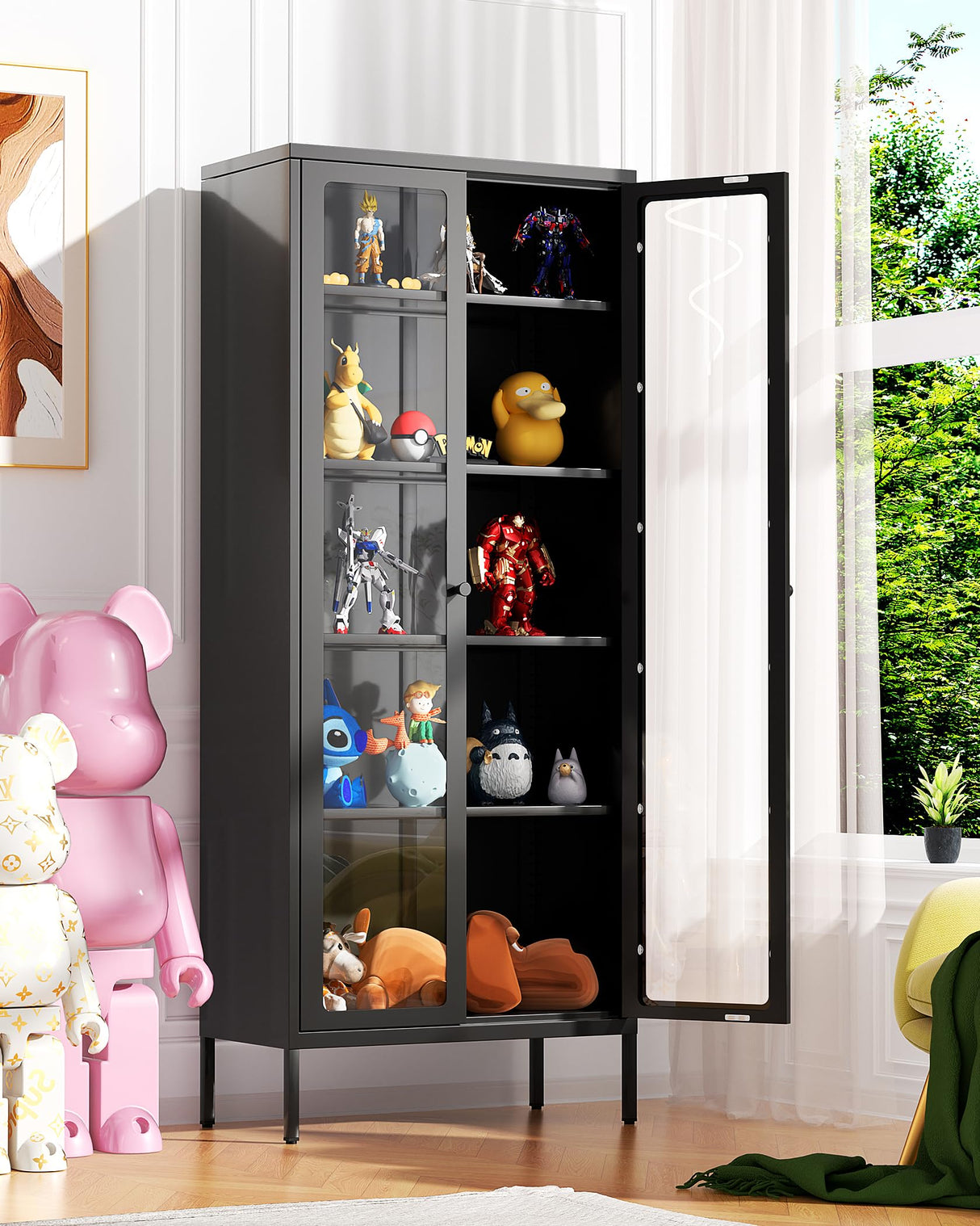 Greenvelly Black Metal Display Curio Cabinet with Glass Doors and 4 Adjustable Shelves Greenvelly