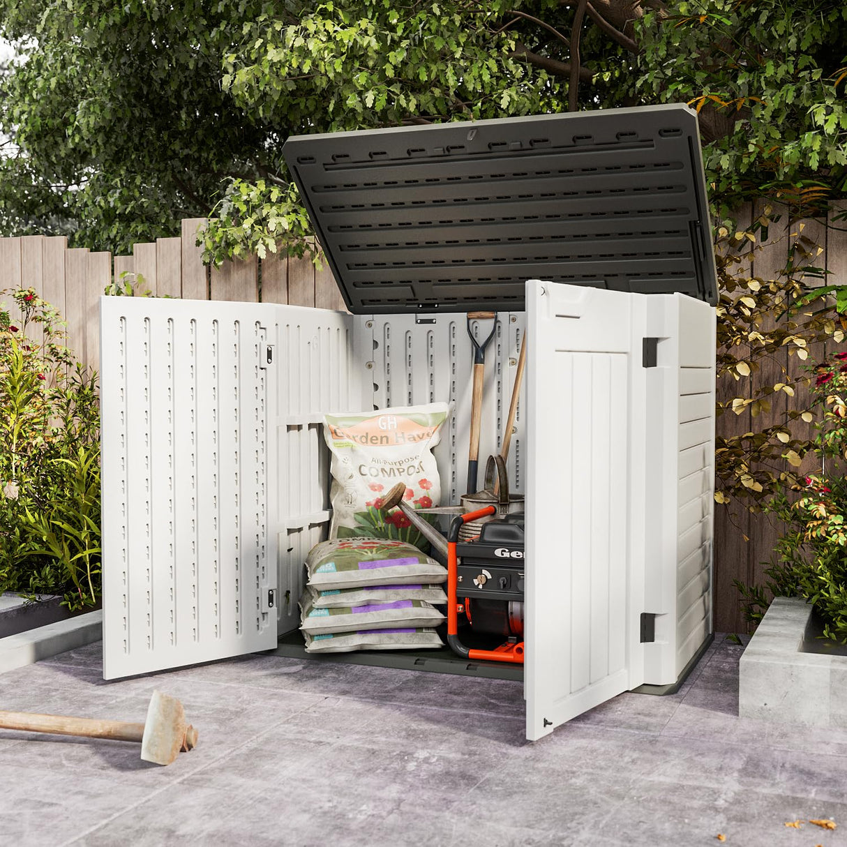 Greesum Outdoor Horizontal Resin Storage Sheds 34 Cu. Ft. Weather Resistant Resin Tool Shed, Extra Large Capacity Weather Resistant Box for Bike, Greesum