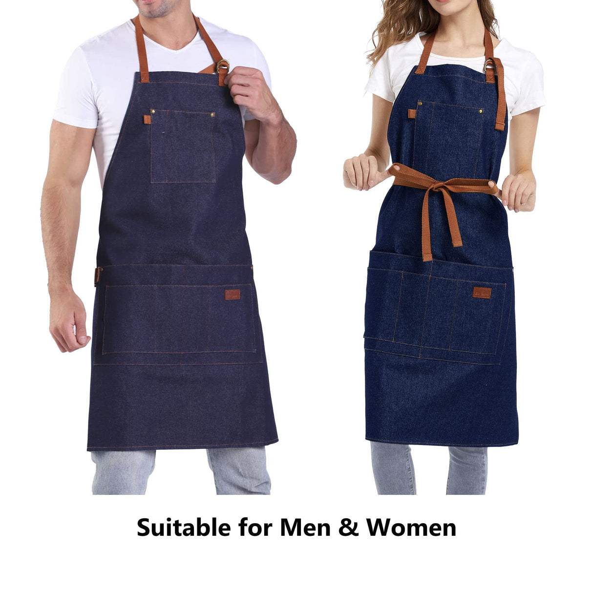 a u sure Denim Apron with Pockets Blue Tall Bib Apron Large with Long Ties Adjustable - Gifts for Men Women a u sure