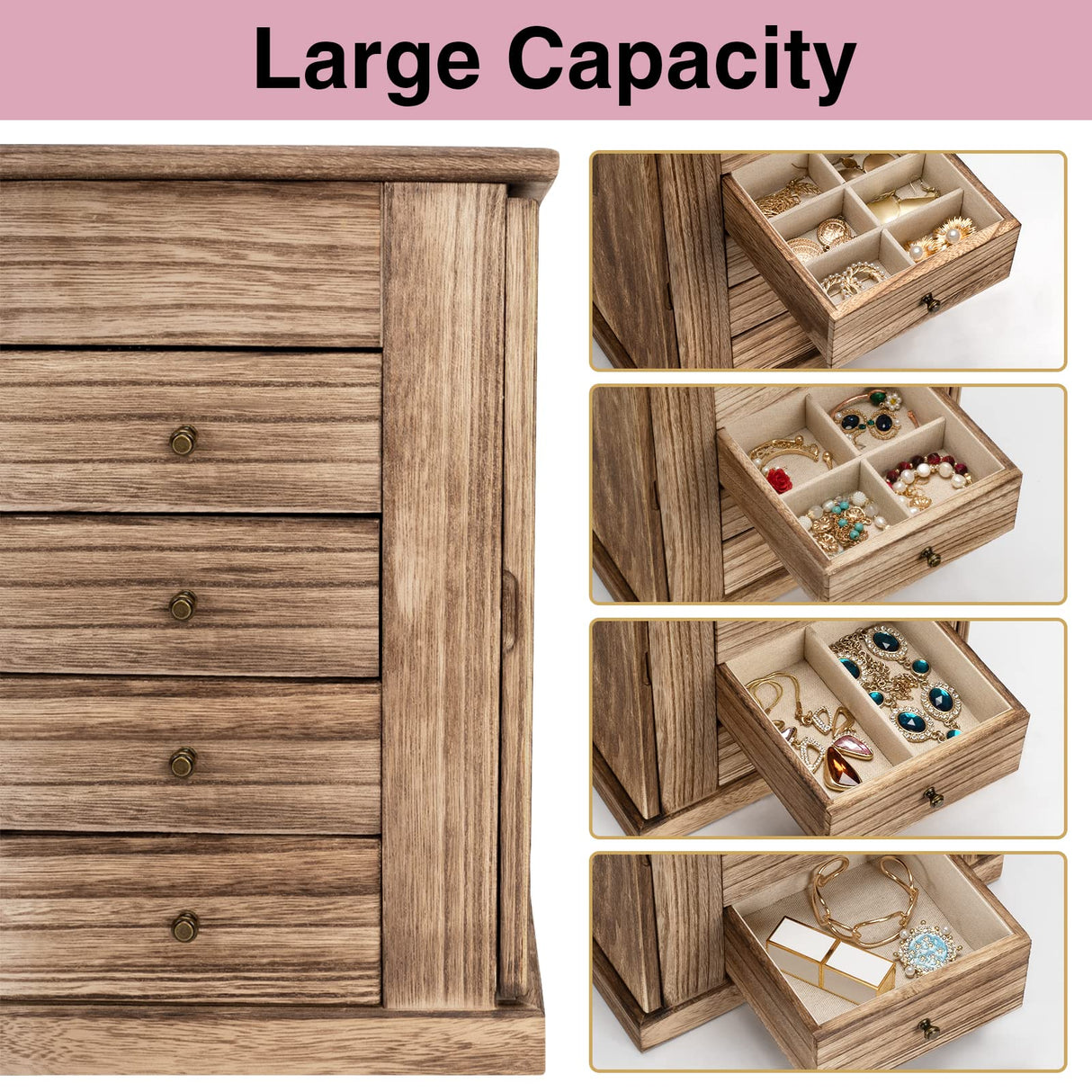 Emfogo Jewelry Box for Women, 5 Layer Large Wood Boxes & Organizers for Necklaces Earrings Rings Bracelets, Rustic Organizer with Drawers and Emfogo