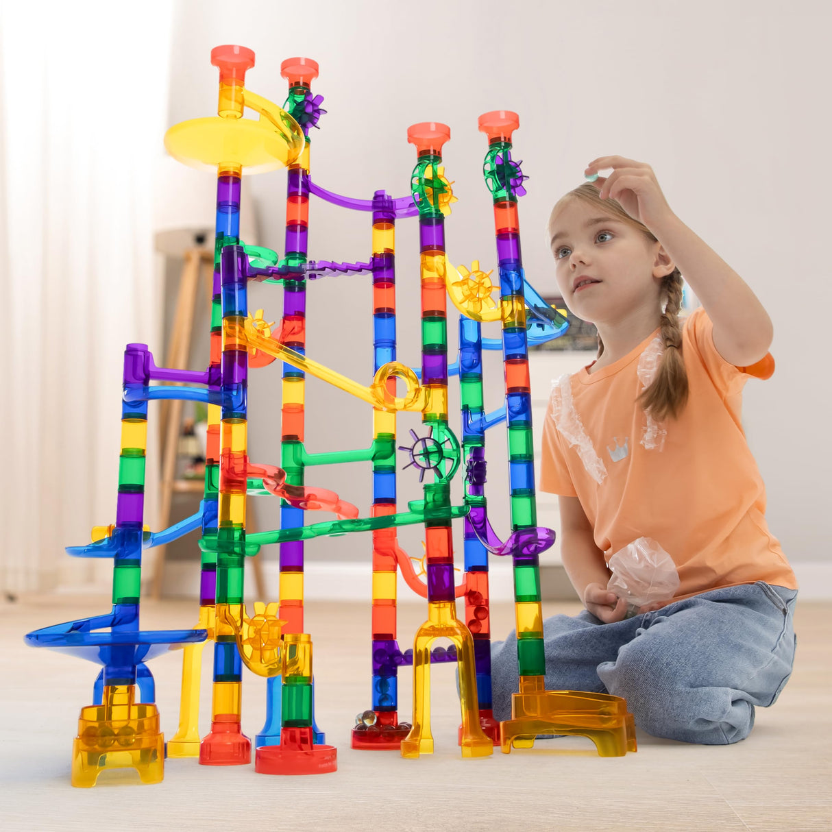 JOYIN 170Pcs Marble Run Premium Toy Set, Construction Building Blocks Toys, STEM Educational Building Block Toy(120 Plastic Pieces + 50 Glass JOYIN