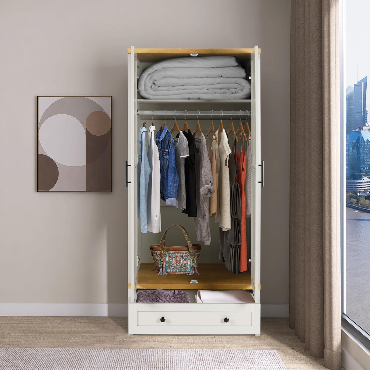YIGOBUY Armoire Wardrobe Closet for Bedroom, 2 Doors Storage Cabinet with Drawer, Mirror, Shelves, Hanging, Tall Wood Standing Clothes Organizer YIGOBUY