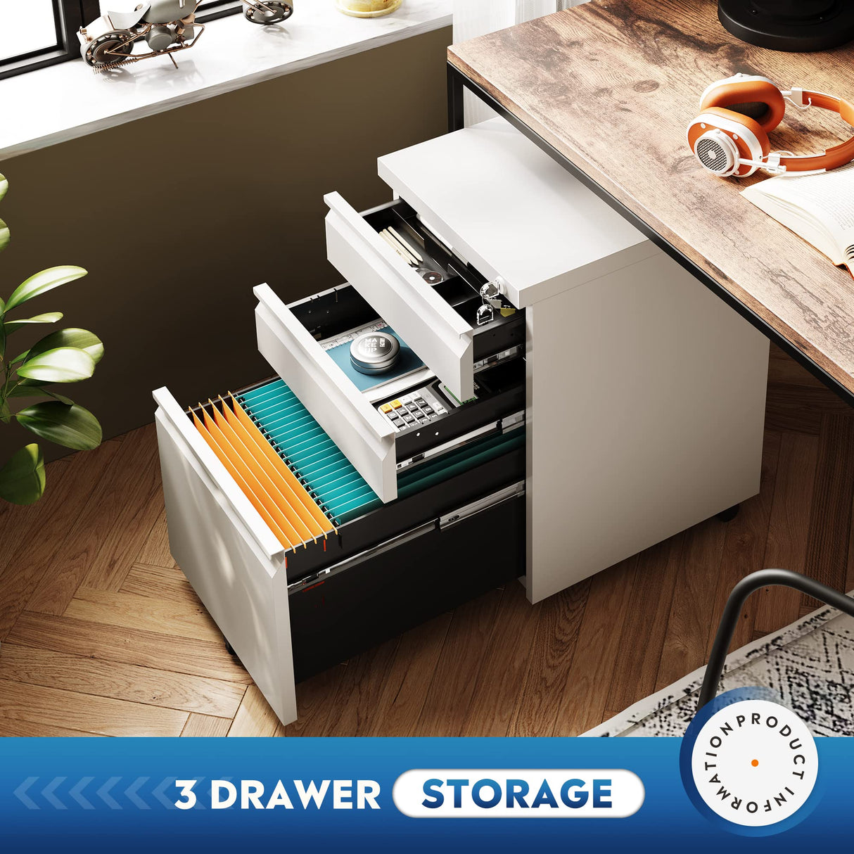DEVAISE 3 Drawer Mobile File Cabinet with Lock, Under Desk Metal Filing Cabinet for Legal/Letter/A4 File, Fully Assembled Except Wheels, White DEVAISE
