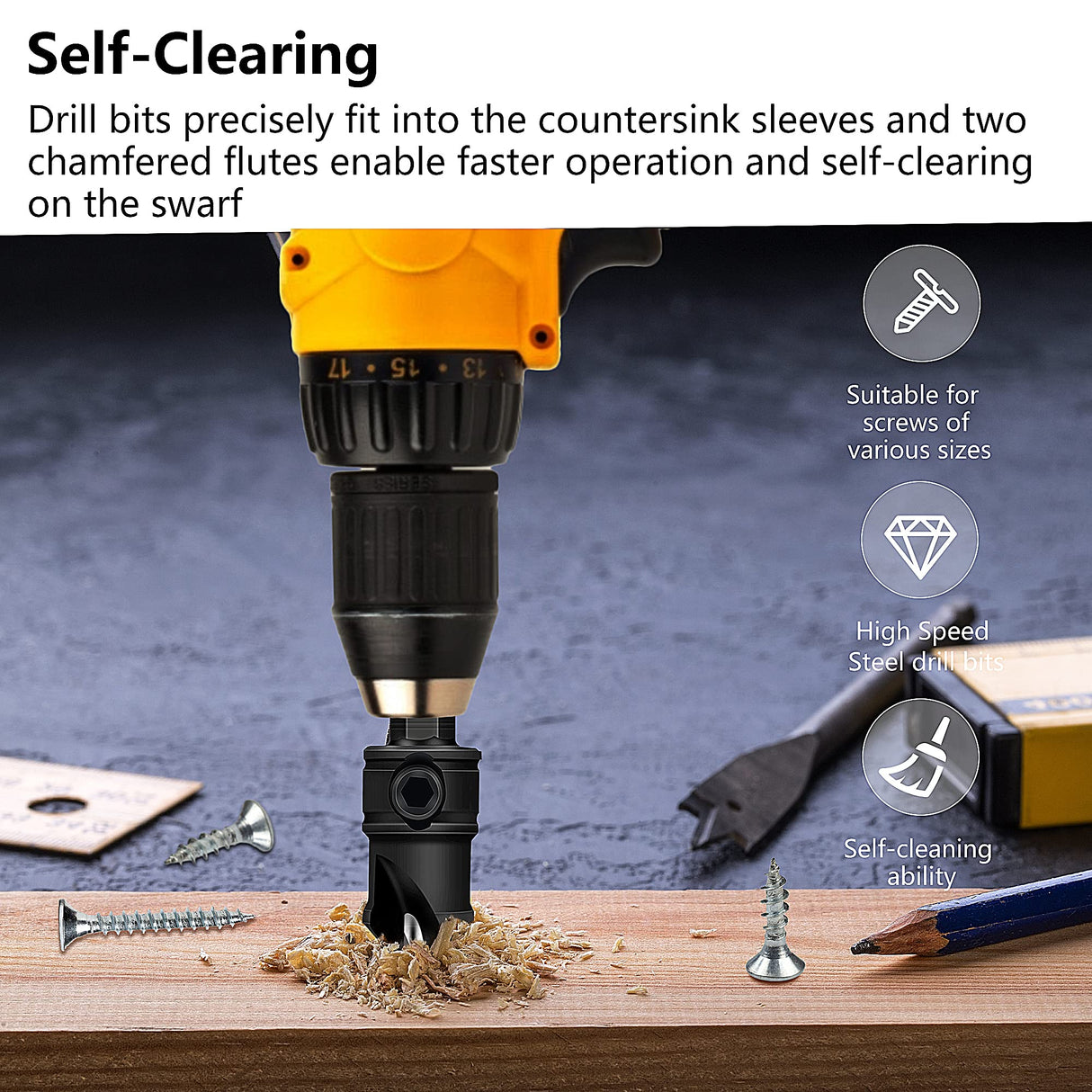 MulWark 82° Countersink Drill Bit Set incl. 5pcs Free Replaceable HSS Drill Bits for Wood|3/8" Quick-Change -Chamfered Adjustable Drilling Tool Kit MULWARK