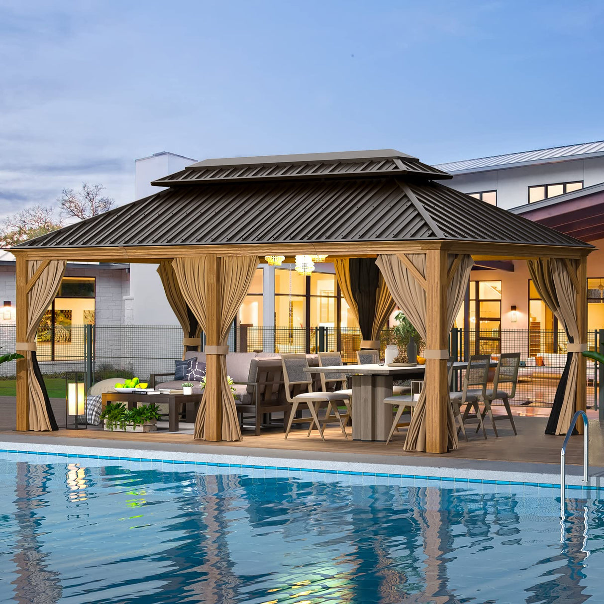 EROMMY 12' x 20' Gazebo, Wooden Finish Coated Aluminum Frame Canopy with Double Galvanized Steel Hardtop Roof, Outdoor Permanent Metal Pavilion with EROMMY