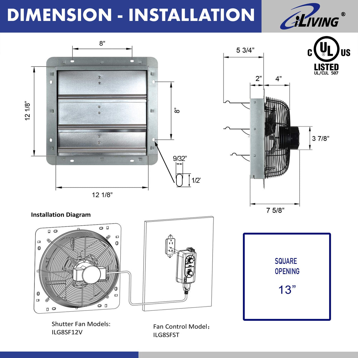 iLIVING 12" Wall Mounted Shutter Exhaust Fan, Automatic Shutter, with Thermostat and Variable Speed controller, 0.6A, 960 CFM, 1400 SQF Coverage Area iLiving