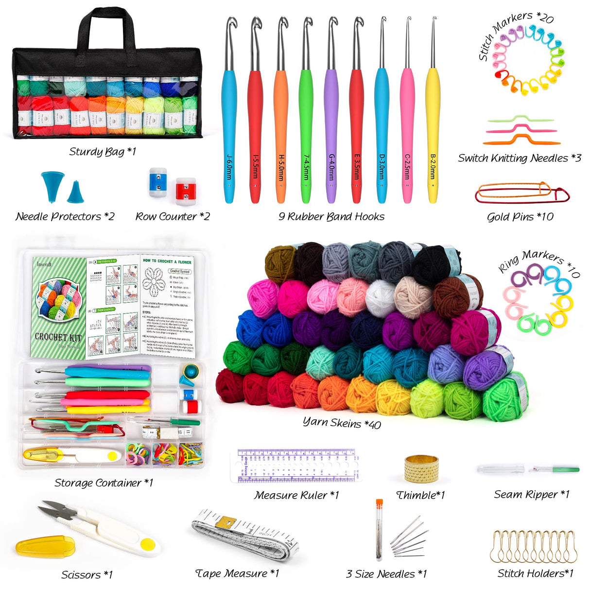 113 Piece Crochet with Yarn Set–1600 Yards Assorted Yarn 73PCS Crochet Accessories Set Including Ergonomic Hooks, Knitting Needles & More Ideal INSCRAFT