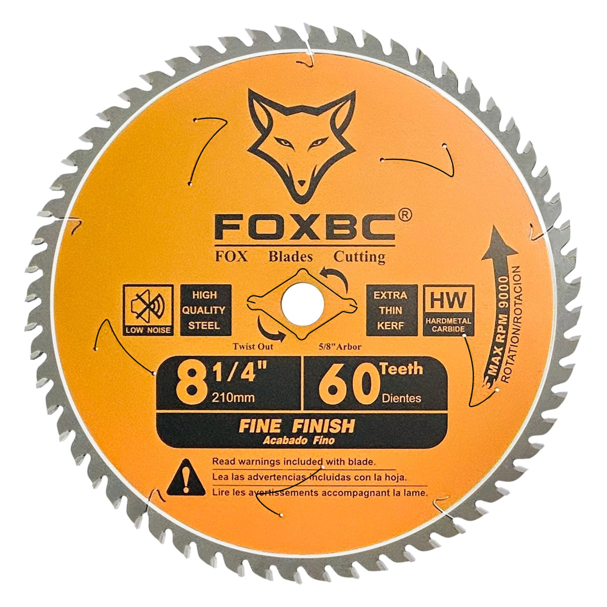 FOXBC 8-1/4 Inch Table Saw Blade 60 Tooth Fine Finish Wood Cutting with 5/8" Arbor, Diamond Knockout FOXBC