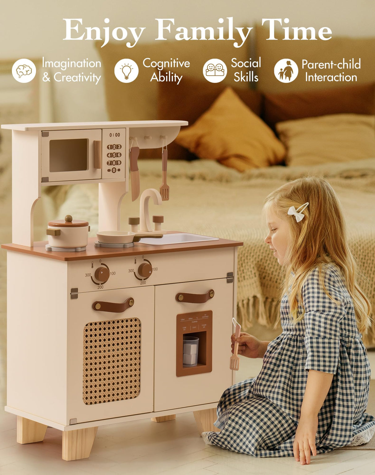 ROBOTIME Play Kitchen with Pretend Ice Cube Dispenser for Kids, Wooden Kids Kitchen Playset, Toy Kitchen Set for Toddler Age 3 4 5 6 (Mocha) ROBOTIME