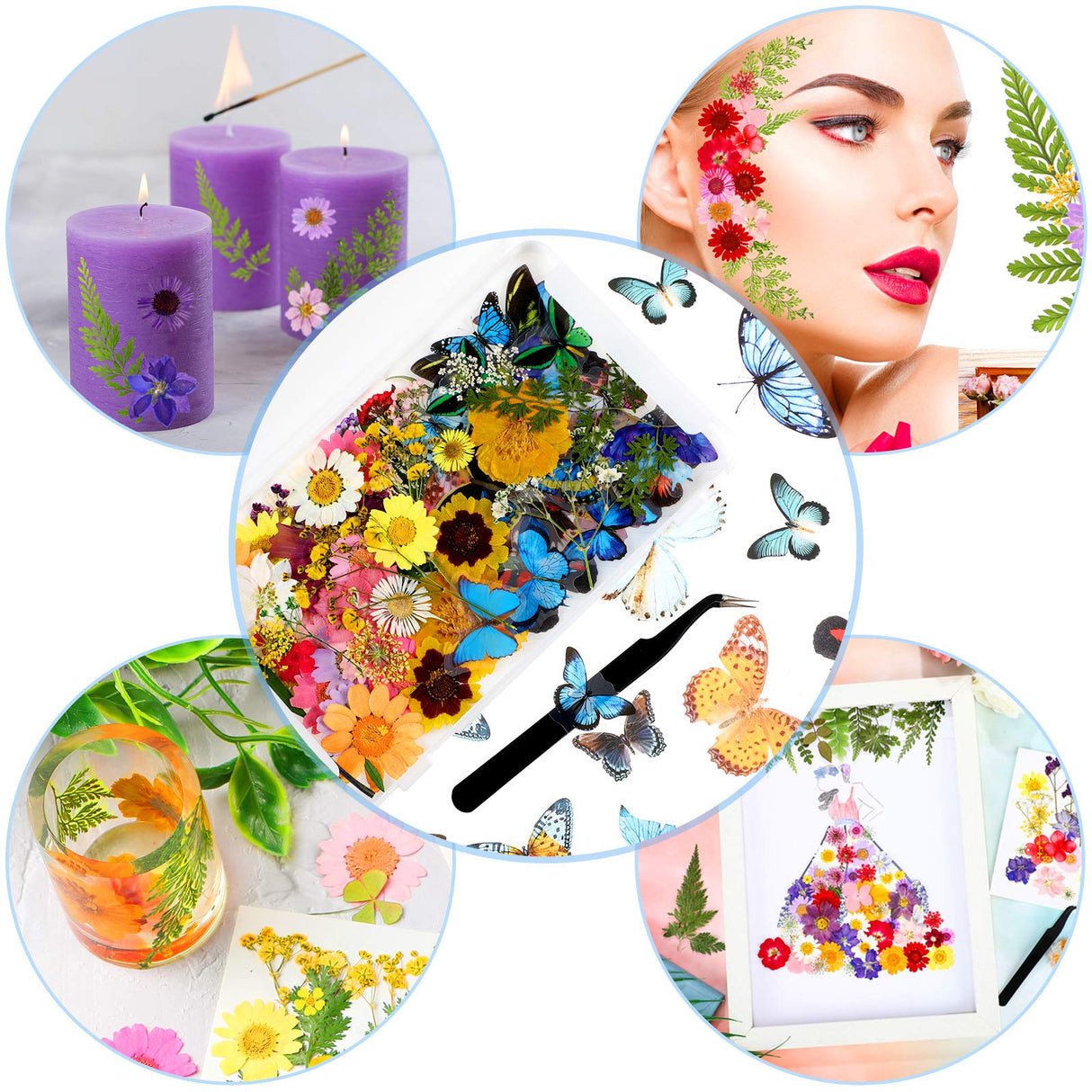 Dried Pressed Flower and Butterfly Transparent Sticker Set, Natural Real Dried Flower Butterfly Scrapbook Decal with Box and Curved Tweezers for DIY Nuanchu