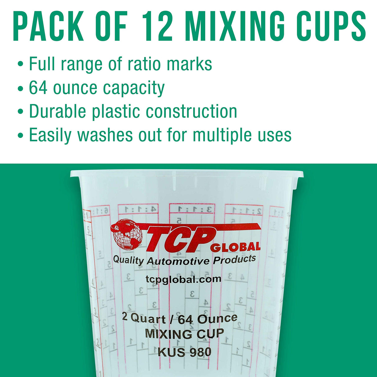Custom Shop - Pack of 12-64 Ounce Graduated Paint Mixing Cups (2 Quarts) - Cups Have Calibrated Mixing Ratios on Side of Cup - Cups Hold 80-Fluid Custom Shop
