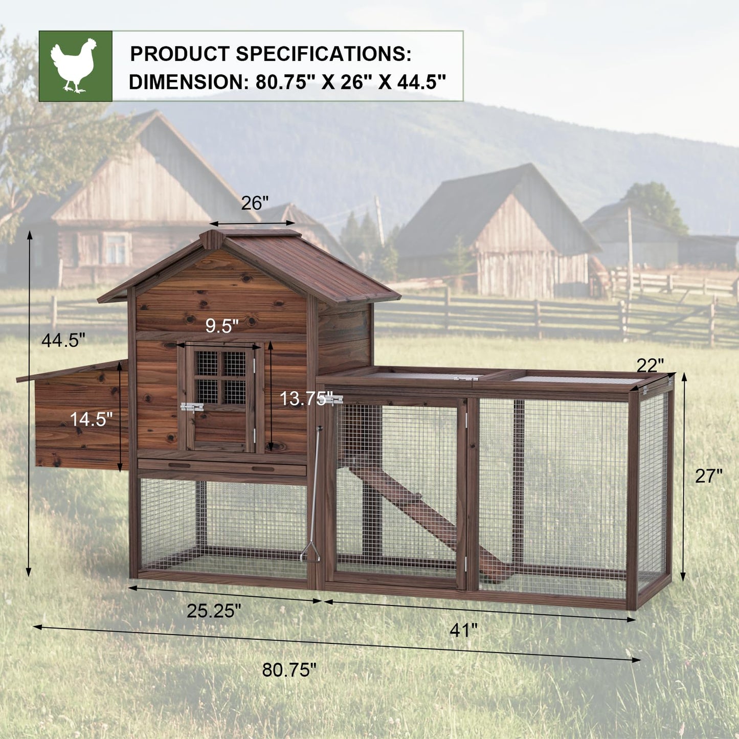 Wooden Chicken Coop Large Outdoor Hen House with Nest Box Poultry Cage Rabbit Hutch 80''- Waterproof UV Panel Brown