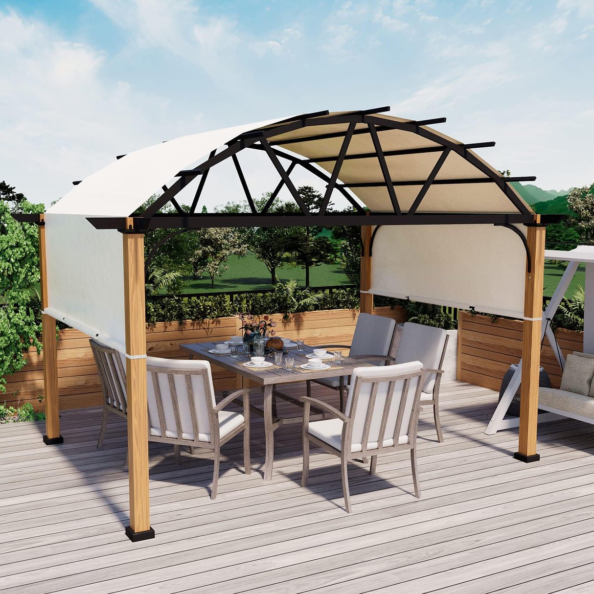 HAPPATIO 10' X 13' Outdoor Pergola with Sling Retractable Pergola Canopy, Wood-Like Aluminum Patio Pergola Shade for Patio, Backyard, Garden,Poolside HAPPATIO