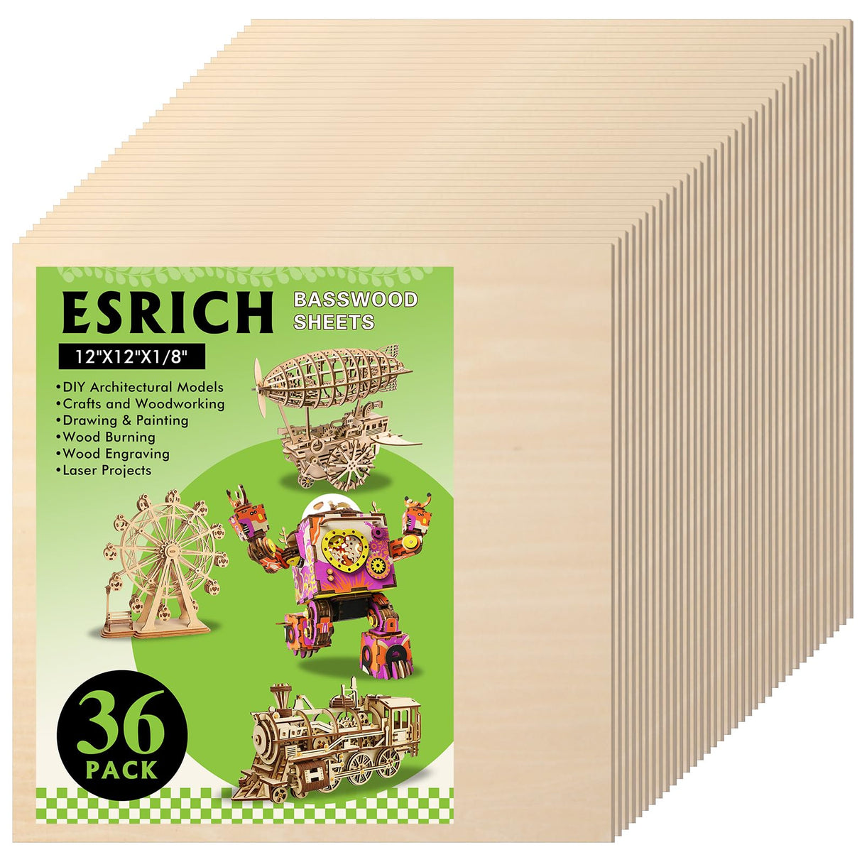 36 Pack Basswood Sheets 12x12x1/8 Inch for Crafts,Unfinished Wood for Laser Cutting & Engraving,Wood Burining,Plywood for Architectural Models. ESRICH