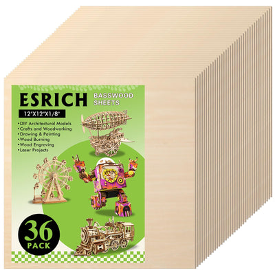 36 Pack Basswood Sheets 12x12x1/8 Inch for Crafts,Unfinished Wood for Laser Cutting & Engraving,Wood Burining,Plywood for Architectural Models.