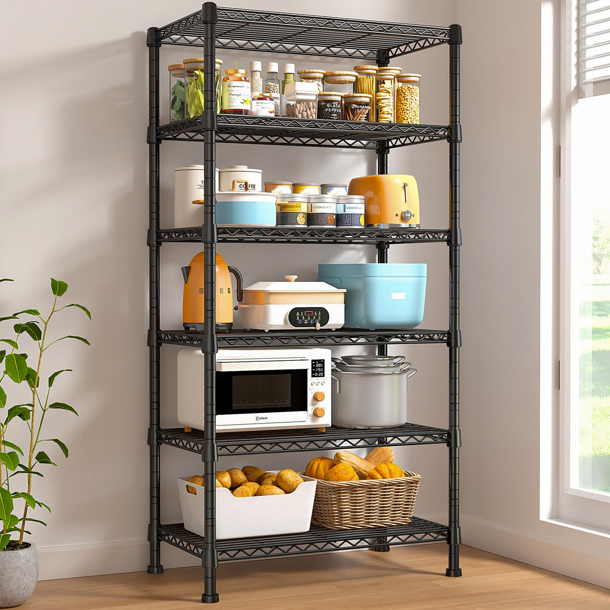 REIBII 6-tire Wire Shelving Rack,Storage Shelves Metal Shelves for Storage Load 1000 LBS,Heavy Duty Shelving Unit with Wire Shelf Adjustable Pantry REIBII