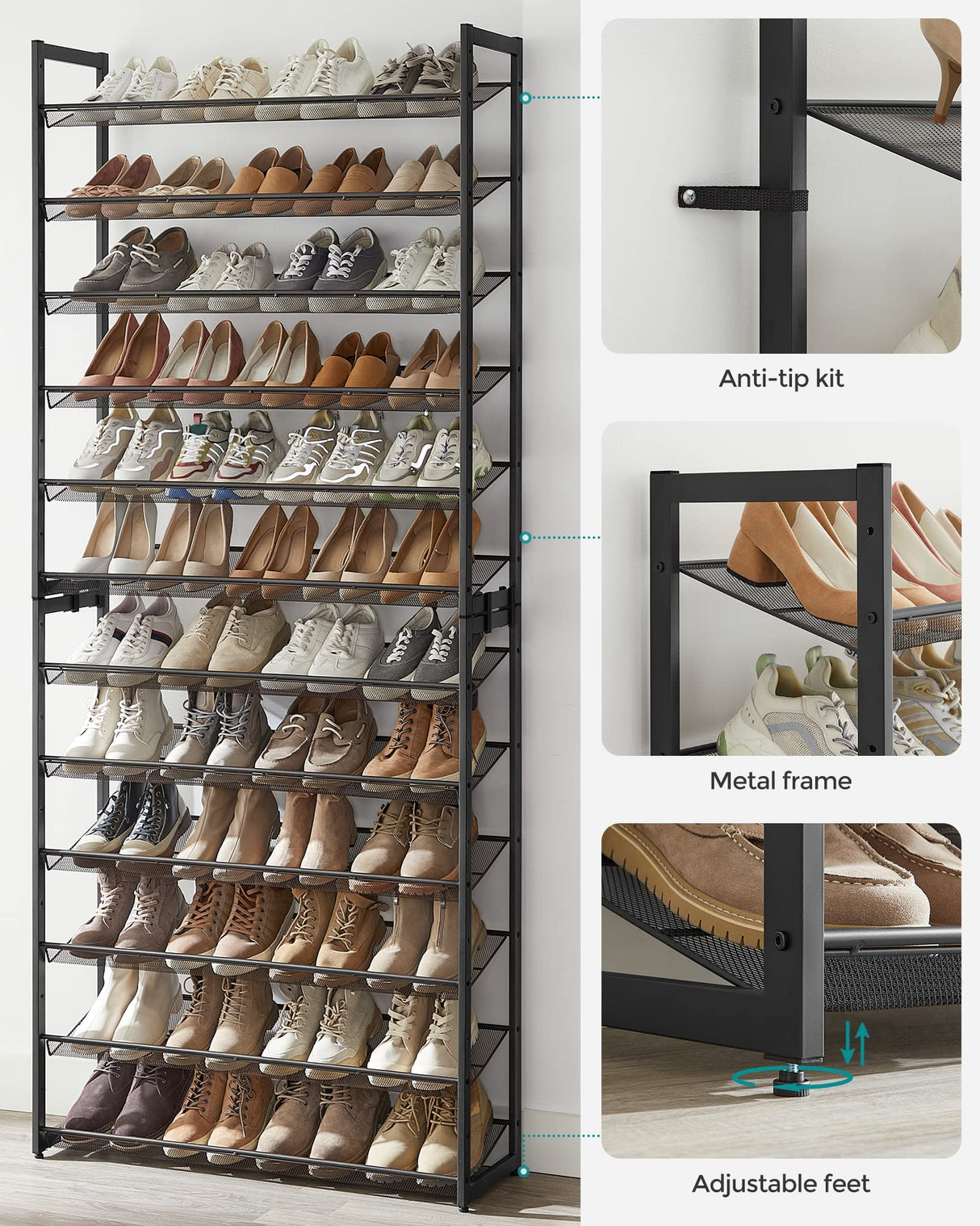 SONGMICS Shoe Rack, 12-Tier Tall Metal Shoe Storage Organizer for Closet, Entryway, Garage, Set of 2 6-Tier Big Stackable Shoes Rack Shelf, SONGMICS