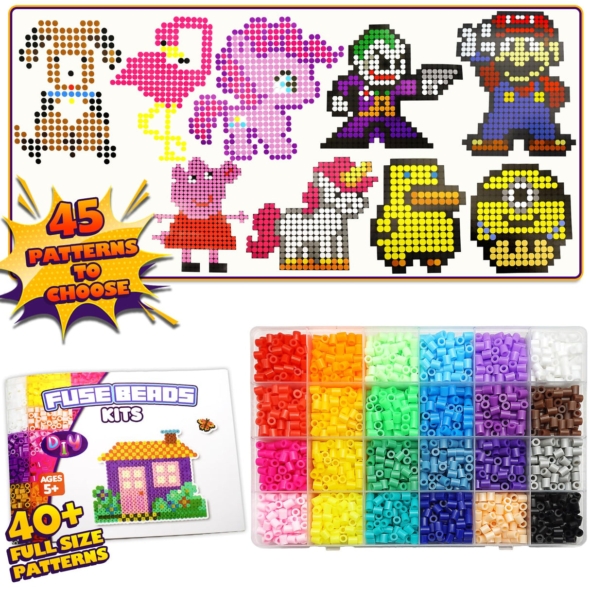 FUNZBO 5200 5mm Fuse Beads Kit - 24 Colors | 45 Patterns, Toys, Kids Crafts for Girls Ages 8-12, Arts and Crafts for Kids Ages 6-8, Gifts for Girls FUNZBO