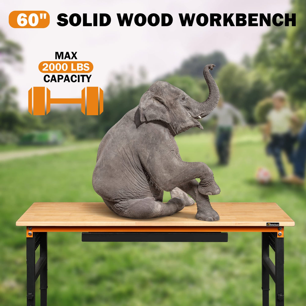 Betterhood 60" Heavy-Duty Adjustable Workbench for Garage, Rubber Wood Shop Table W/Double Pegboards & Drawer,Hardwood Workstation Weight Capacity Betterhood