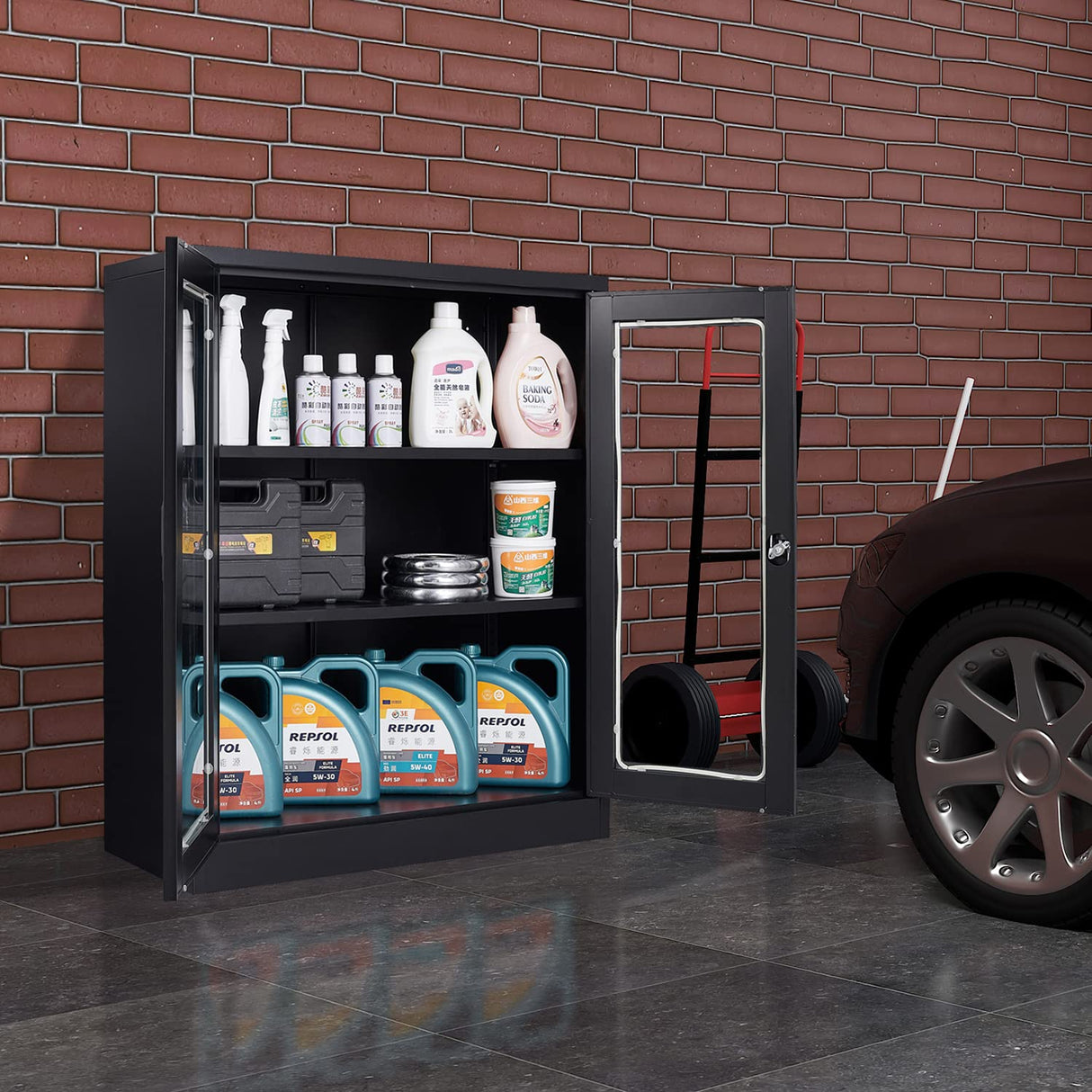 Anxxsu Metal Storage Cabinet with Glass Door, Locking Display Storage Cabinet with 2 Glass Doors and 2 Adjustable Shelves for Home, Office, Bedroom Anxxsu