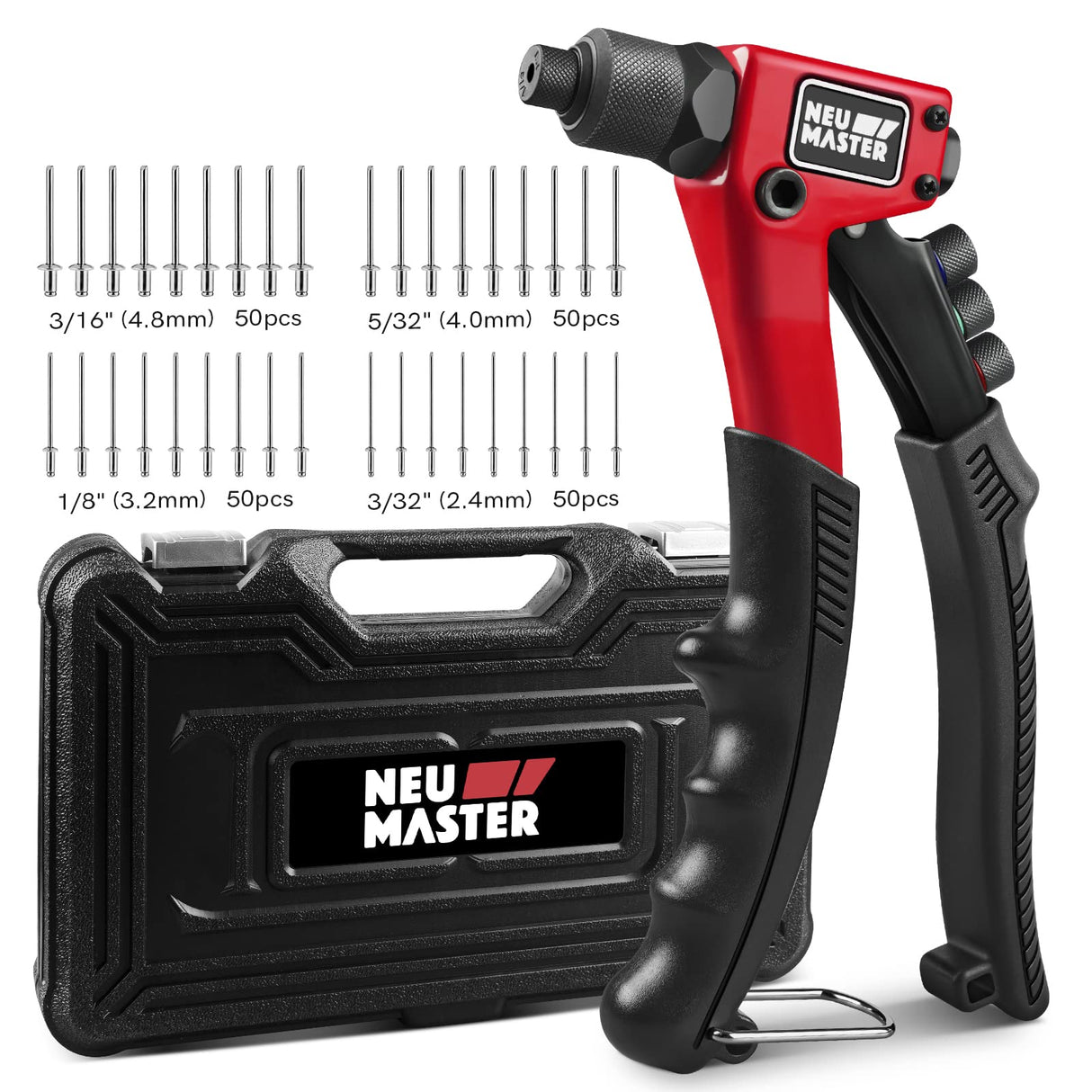 NEU MASTER Rivet Gun with 200Pcs Rivets, Manual Rivet Gun Kit with 4 Tool-Free Interchangeable Rivet Heads, BMC Case, Heavy Duty Single Hand Riveter NEU MASTER