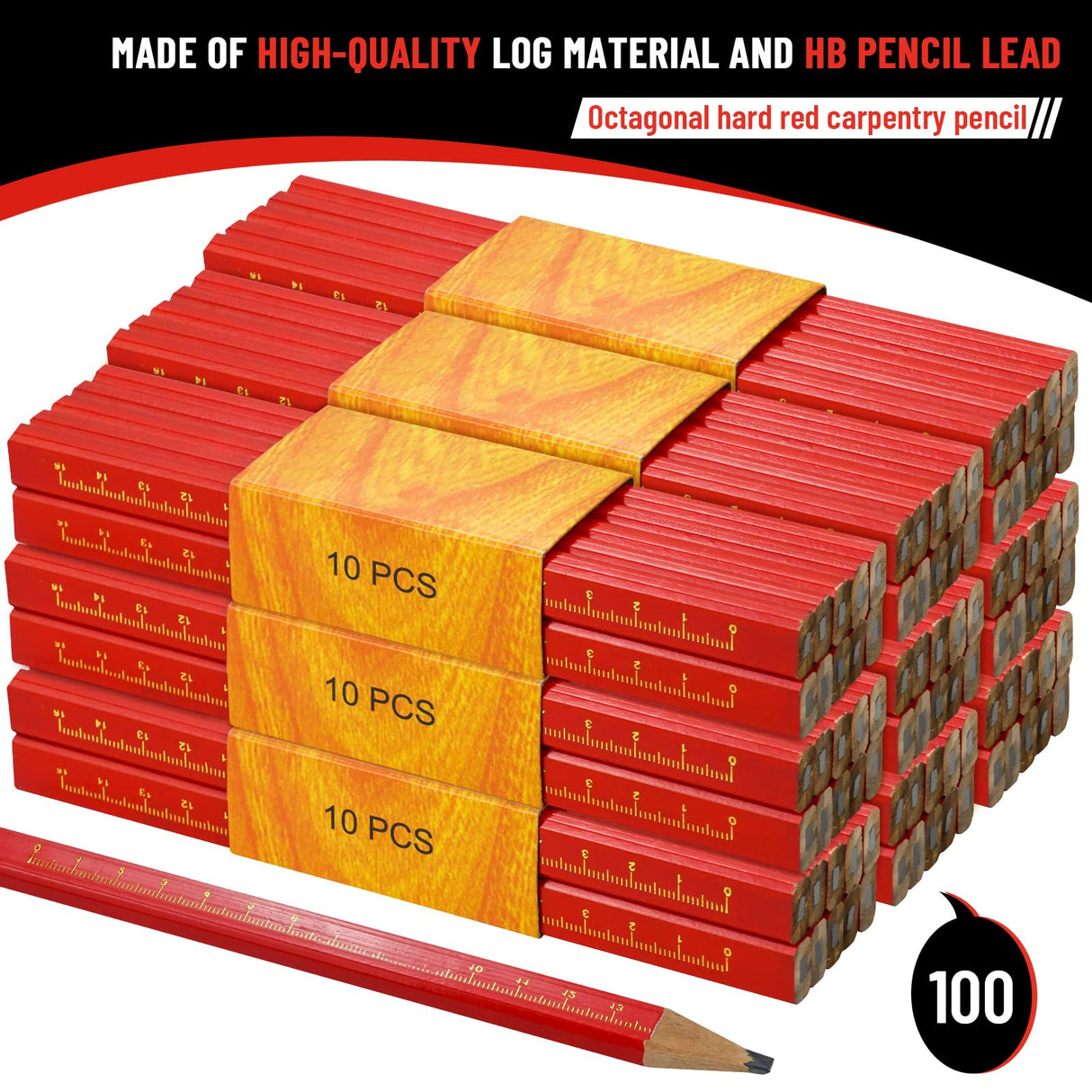 WYOMER 100 Pcs Carpenter Pencils, Octagonal Hard Black Carpenter Pencils, Construction Plan Pencils for Woodworking Marking WYOMER
