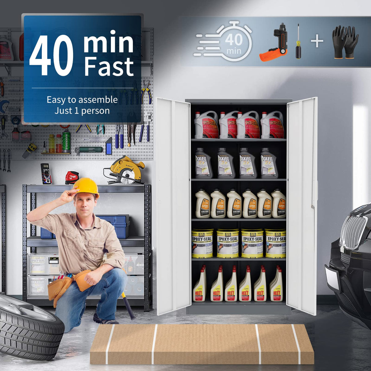 Yizosh Metal Storage Cabinet with Lock - 72" Garage Storage Cabinet with 2 Locking Doors and 4 Adjustable Shelves, Gray White Steel Lockable File Yizosh