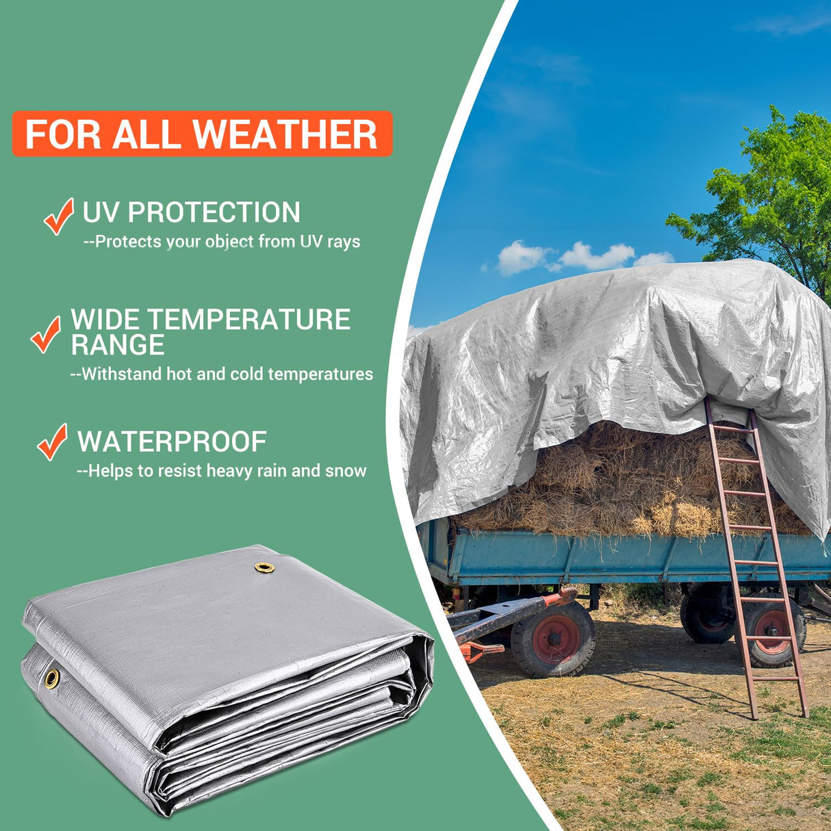 12x20FT Waterproof Tarp, Yumatum 16 Mil Heavy Duty Tarps with Reinforced Edges/Brass Grommets, 100% UV Blocking/Tear Resistant Poly Tarp for Camping, Yumatum