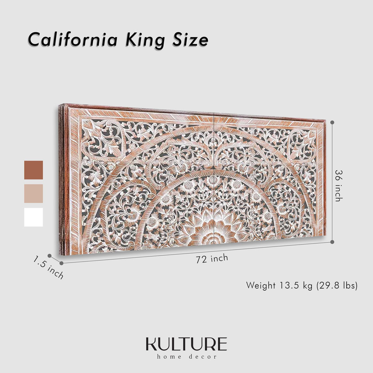 King Wood Headboard White Wash | Carved Full Headboard Only | Wooden Headboard Full Size Bed | Wall Mount Headboard King | Full Bed Headboard Panels KultureDeco