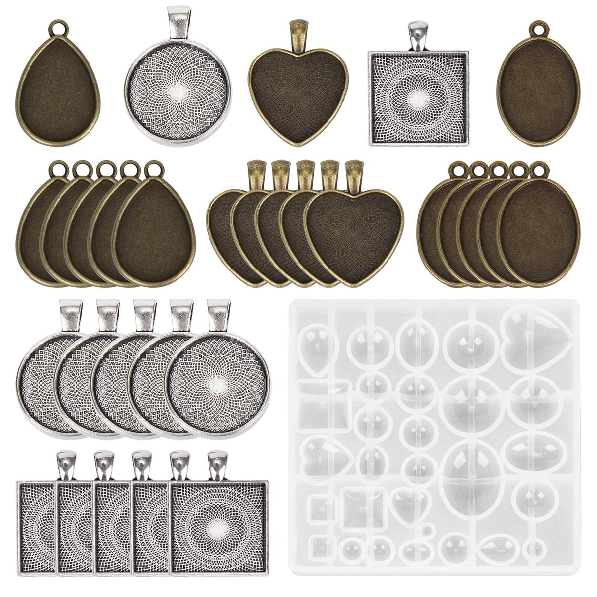 HOMEIDOL Resin Jewelry Molds Pendant Trays Making Kit with 30Pcs 5 Styles Metal Pendant and 1 Pc Silicone Epoxy Jewelry Casting Molds for Pendant HOMEIDOL