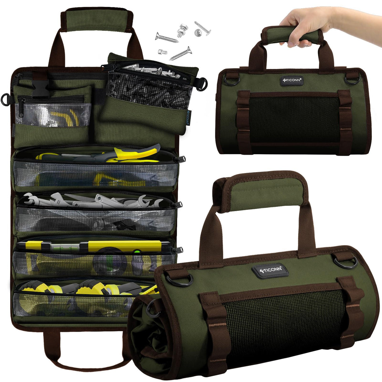 TICONN Tool Roll Bag, Heavy Duty Roll Up Tool Bag Organizer, Portable Visible Tool Storage Bag with 2 Detachable Tool Pouch (Green) TICONN