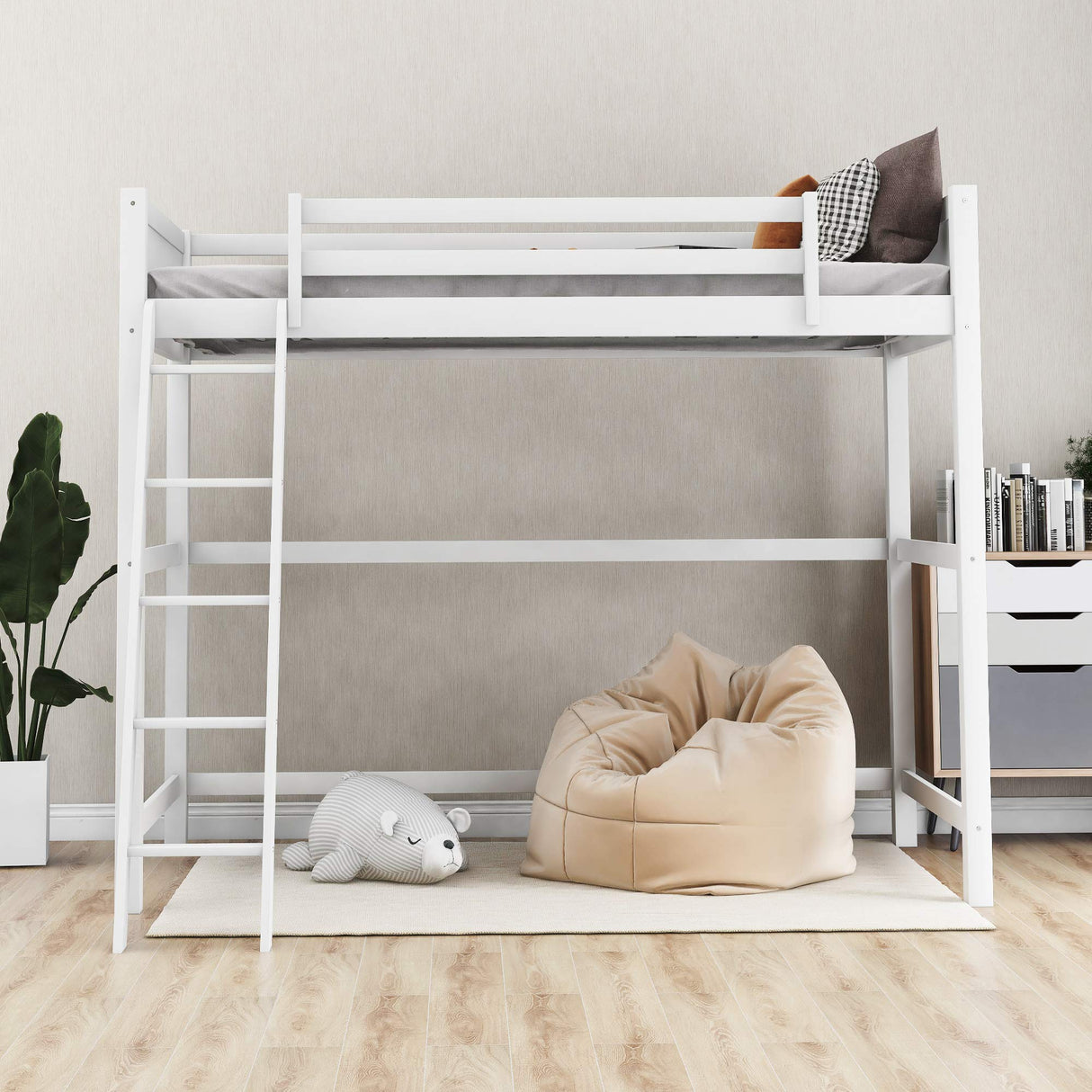High-Quality Twin Size Wooden Loft Bed with Ladder and Safety Rail by Harper & Bright Designs Harper & Bright Designs