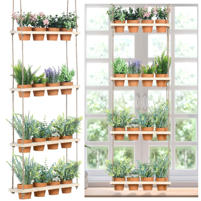 FillTouch 4 Tiered Hanging Herb Garden Wall Hanging Herb Planters with 16 Pcs Nursery Pot Wood Vertical Hanging Window Plant Shelf with Holes and