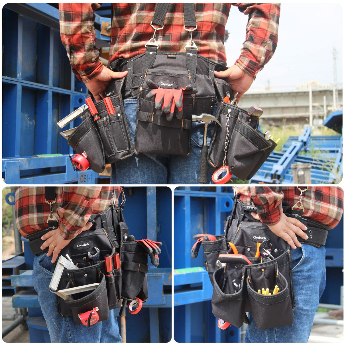 Chyaidach 16-Pockets Tool Belts for man with Suspenders, Detachable & Adjustable Tool Pouches Bag & Back Support Tool belt Combo For Chyaidach