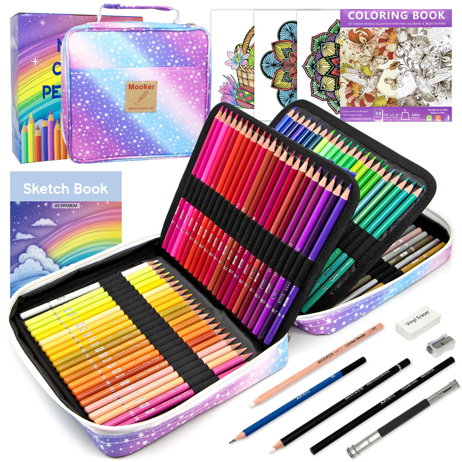 KALOUR 132 Colored Pencils Set,with Adult Coloring Book and Sketch