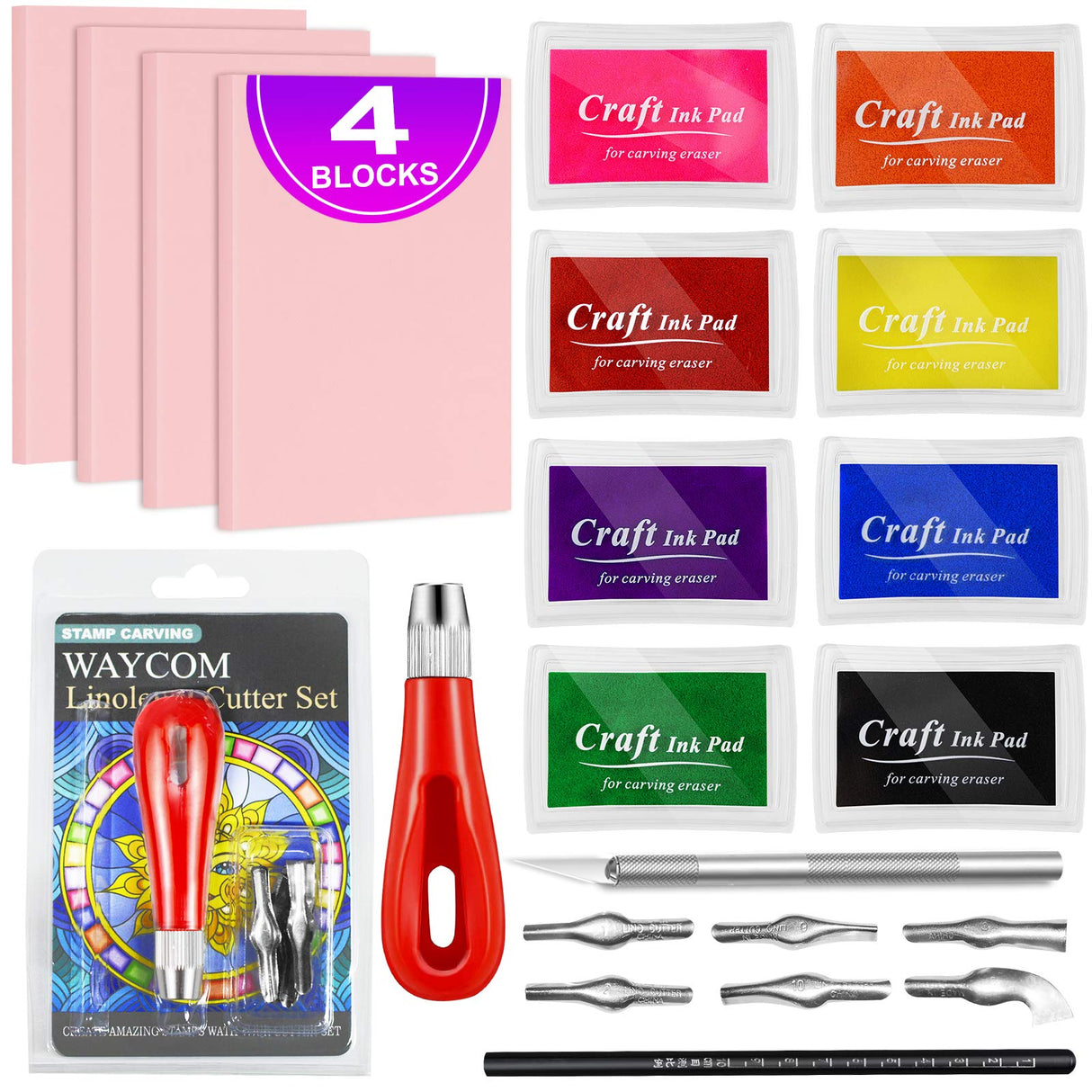 WAYCOM 18 Pcs Rubber Stamp Making Kit,Rubber Carving Block Linoleum Cutter Set Rubber Stamp Carving Block Craft Ink Pad Hobby Knife Pencil for DIY WAYCOM