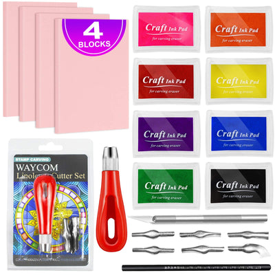 WAYCOM 18 Pcs Rubber Stamp Making Kit,Rubber Carving Block Linoleum Cutter Set Rubber Stamp Carving Block Craft Ink Pad Hobby Knife Pencil for DIY