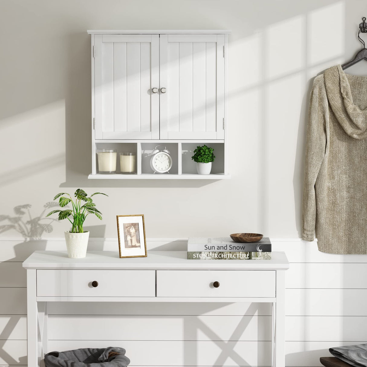 ChooChoo Bathroom Cabinet Wall Mounted 2-Door with 3 Open Shelves, Wooden Medicine Cabinets with Adjustable Shelf, Space Saver Storage Cabinets Over ChooChoo