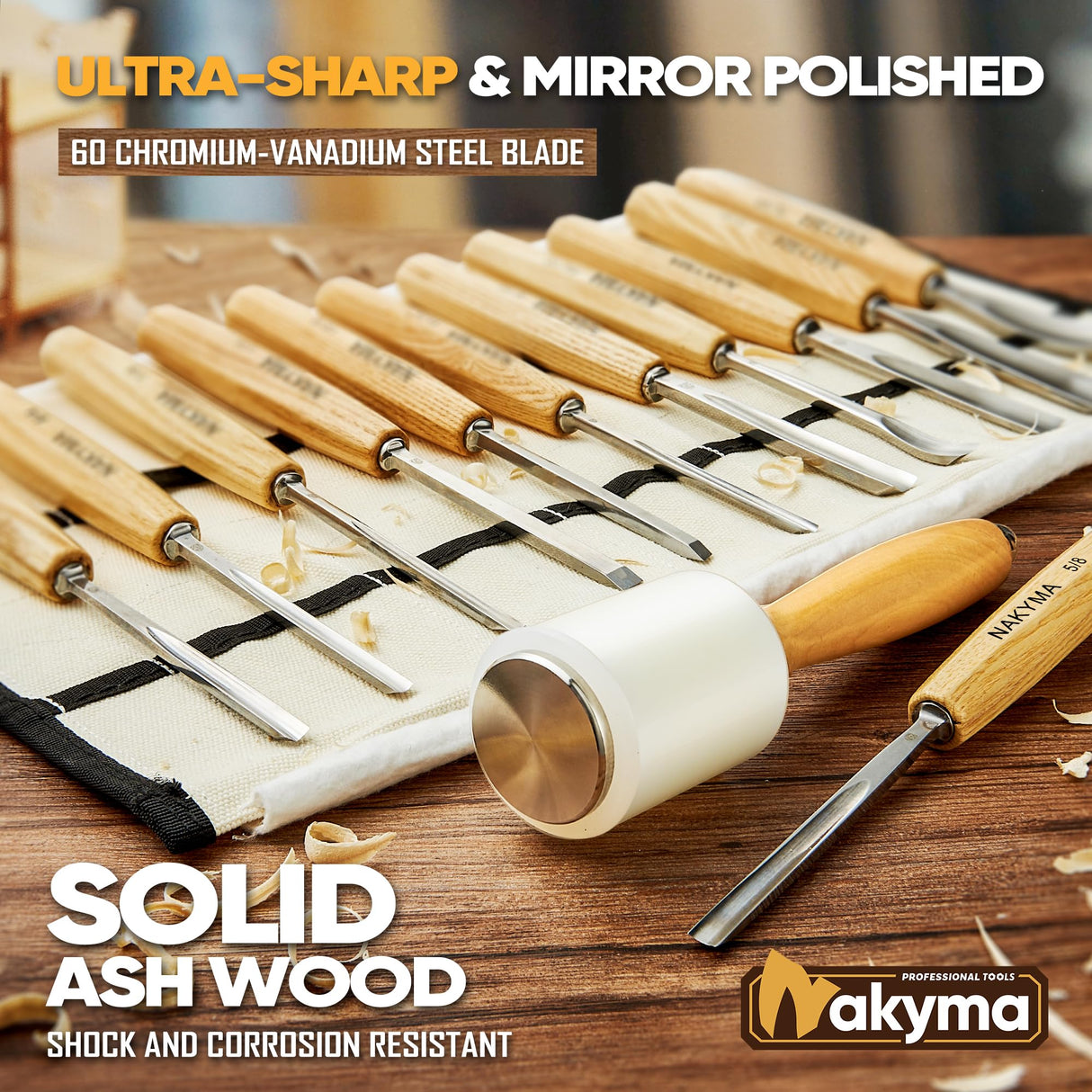 Wood Carving Kit, Wood Carving Set - Wood Carving Tools of 12 Wood Chisels with Canvas Case,Sharp Cr-V 60 Steel Blades, Wood Chisel Sets for Nakyma